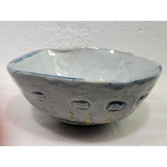 Pottery Bowl Textured Berries Fruit 7-1/2" Blue Gray Yellow Flower Stamp - Picture 1 of 6